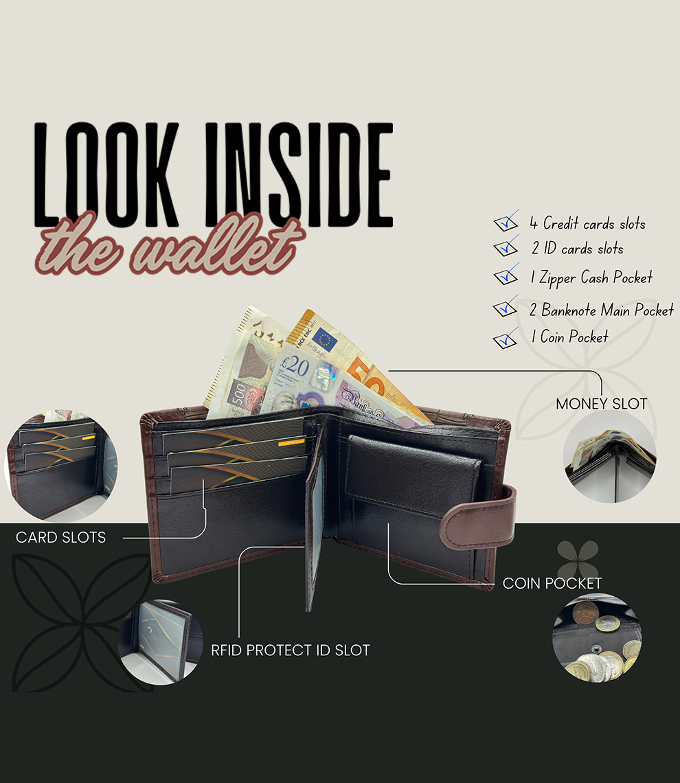 Designed for the man who values fashion and functionality, this Crocodile-Style Vegan Leather Wallet is personalized to perfection. Trifold with zipper and ample card storage. #MensVeganWallet #PersonalizedStyle #CrocodilePattern #LuxuryMensAccessories #GiftIdeasForMen #EcoLuxury #StylishAndSustainable #MensEssentials
