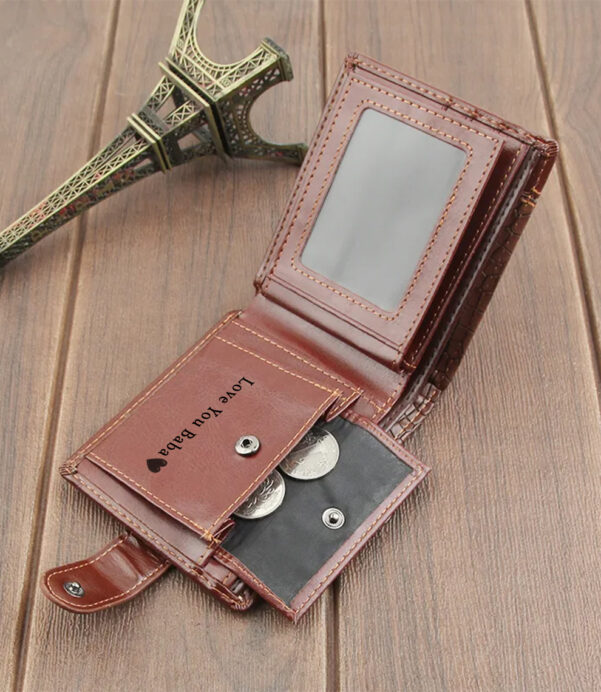 Luxury meets sustainability with our Crocodile-Style Vegan Leather Wallet. Personalized and equipped with zipper security and multi card slots, it’s the perfect trifold wallet gift for him. #MensEcoStyle #LuxuryVeganWallet #CrocodileStyleWallet #MensGiftGuide #SustainableFashion #WalletGoals #PersonalizedGiftIdeas #StylishGifting