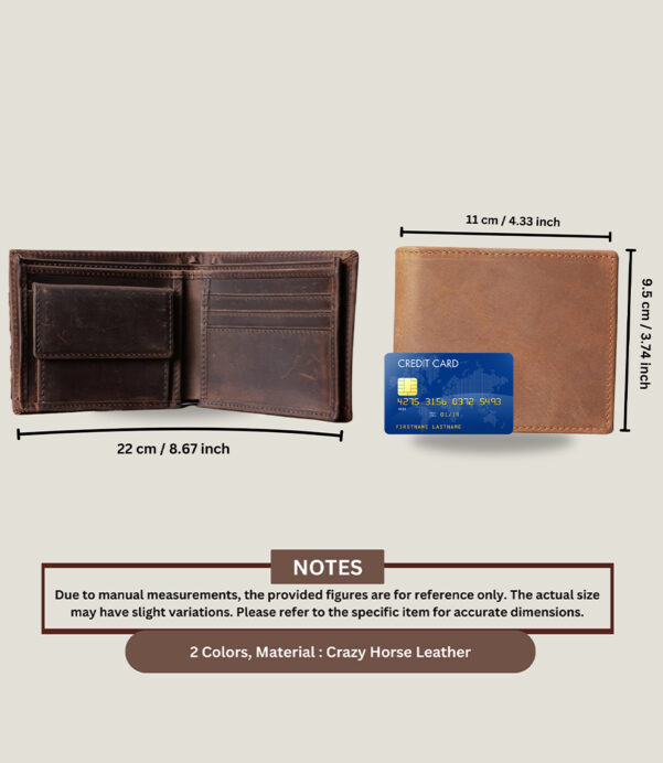 Give the gift of security and style with our Personalized Crazy Horse Leather Wallet. Crafted from full grain leather, featuring RFID blocking, a coin purse, and card holder. Perfect for Christmas! #LeatherWallet #CustomGift #RFIDBlocking #CrazyHorseLeather #FullGrainLeather #ChristmasGiftIdeas #GiftForHim #WalletGoals