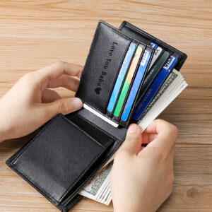 Elevate his look with our Personalized Minimalist Leather Wallet. Featuring a classic trifold layout, coin pocket, and RFID security, it's the ultimate professional wallet for men, dads, and fathers. #ProfessionalStyle #MinimalistWallet #GiftIdeas #MensStyle #PersonalizedEssentials #GiftForFather #LeatherCraftsmanship #TrendingGift