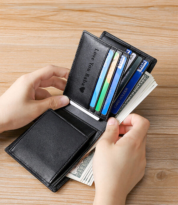 Elevate his look with our Personalized Minimalist Leather Wallet. Featuring a classic trifold layout, coin pocket, and RFID security, it's the ultimate professional wallet for men, dads, and fathers. #ProfessionalStyle #MinimalistWallet #GiftIdeas #MensStyle #PersonalizedEssentials #GiftForFather #LeatherCraftsmanship #TrendingGift