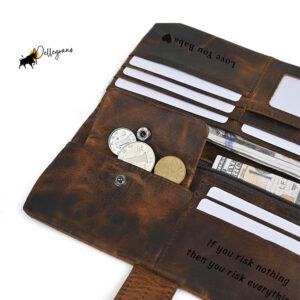 Upgrade your style with this Personalized Vintage Leather Long Wallet! Featuring Crazy Horse Leather and handmade precision, this custom wallet makes an unforgettable gift for him or her. #LuxuryGift #LeatherAccessories #GiftForDad #GiftForMom #HandmadeWallet #PersonalizedPresents #ElegantStyle #CrazyHorseLeather